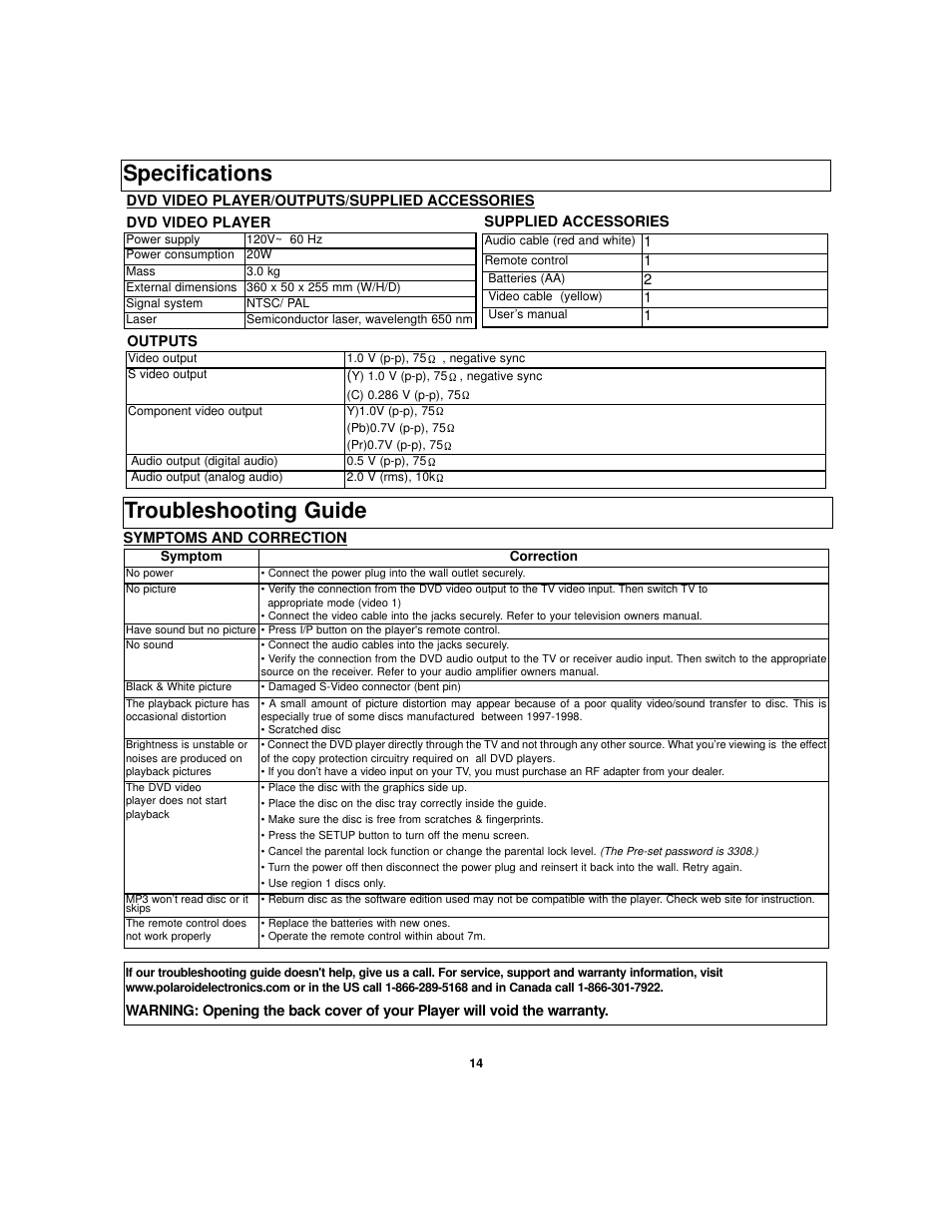 Specifications, Troubleshooting guide | Polaroid TDB-3000AR User Manual | Page 28 / 29