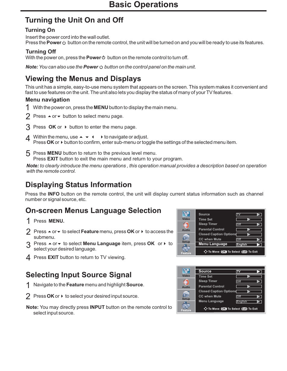 Basic operations, Turning the unit on and off, Viewing the menus and displays | Displaying status information, On-screen menus language selection, Selecting input source signal | Polaroid PLA-4248 User Manual | Page 19 / 48