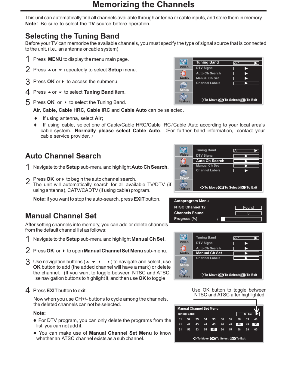 Selecting the tuning band, Auto channel search, Manual channel set | Polaroid PLA-4248 User Manual | Page 20 / 48