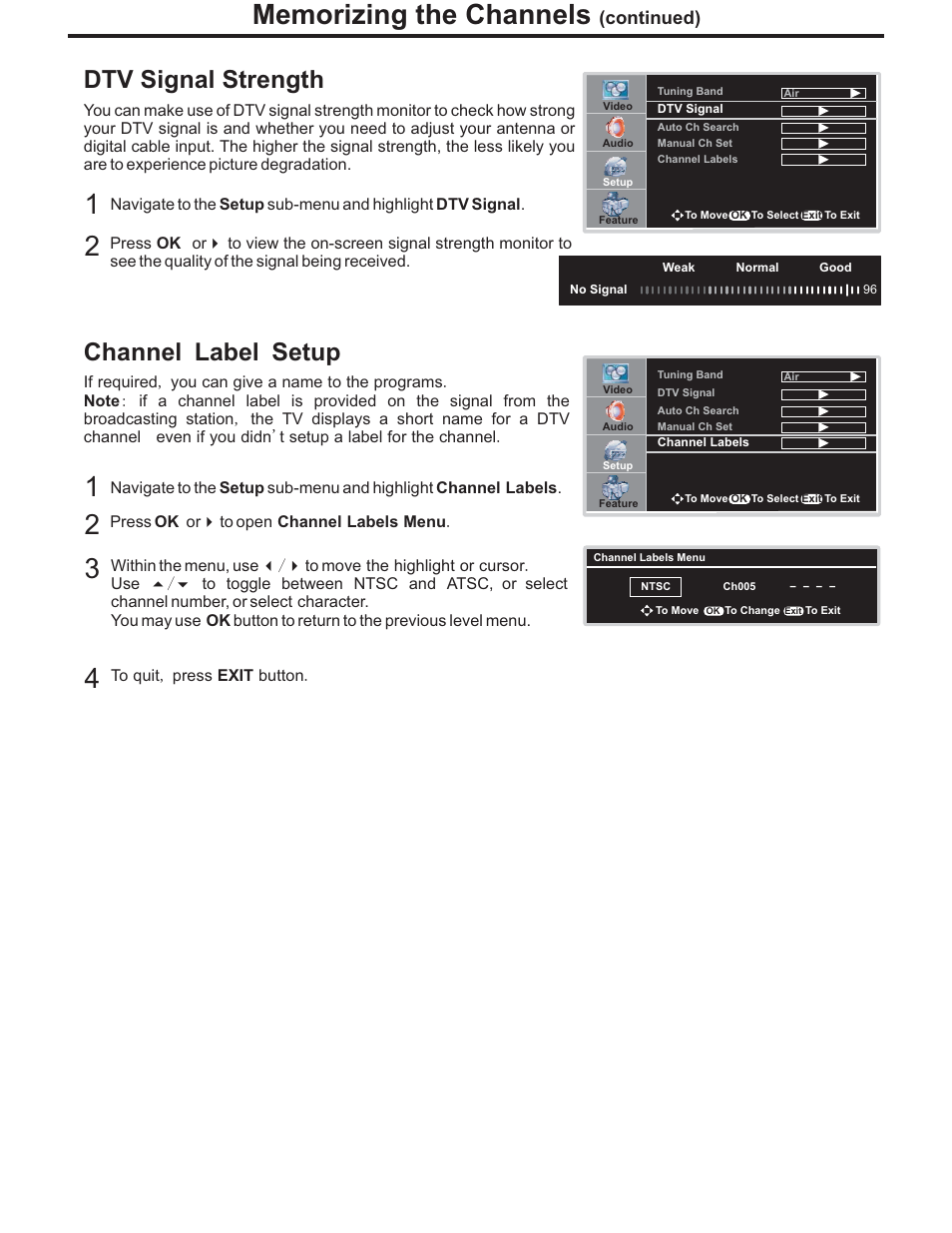 Dtv signal strength, Channel label setup | Polaroid PLA-4248 User Manual | Page 21 / 48