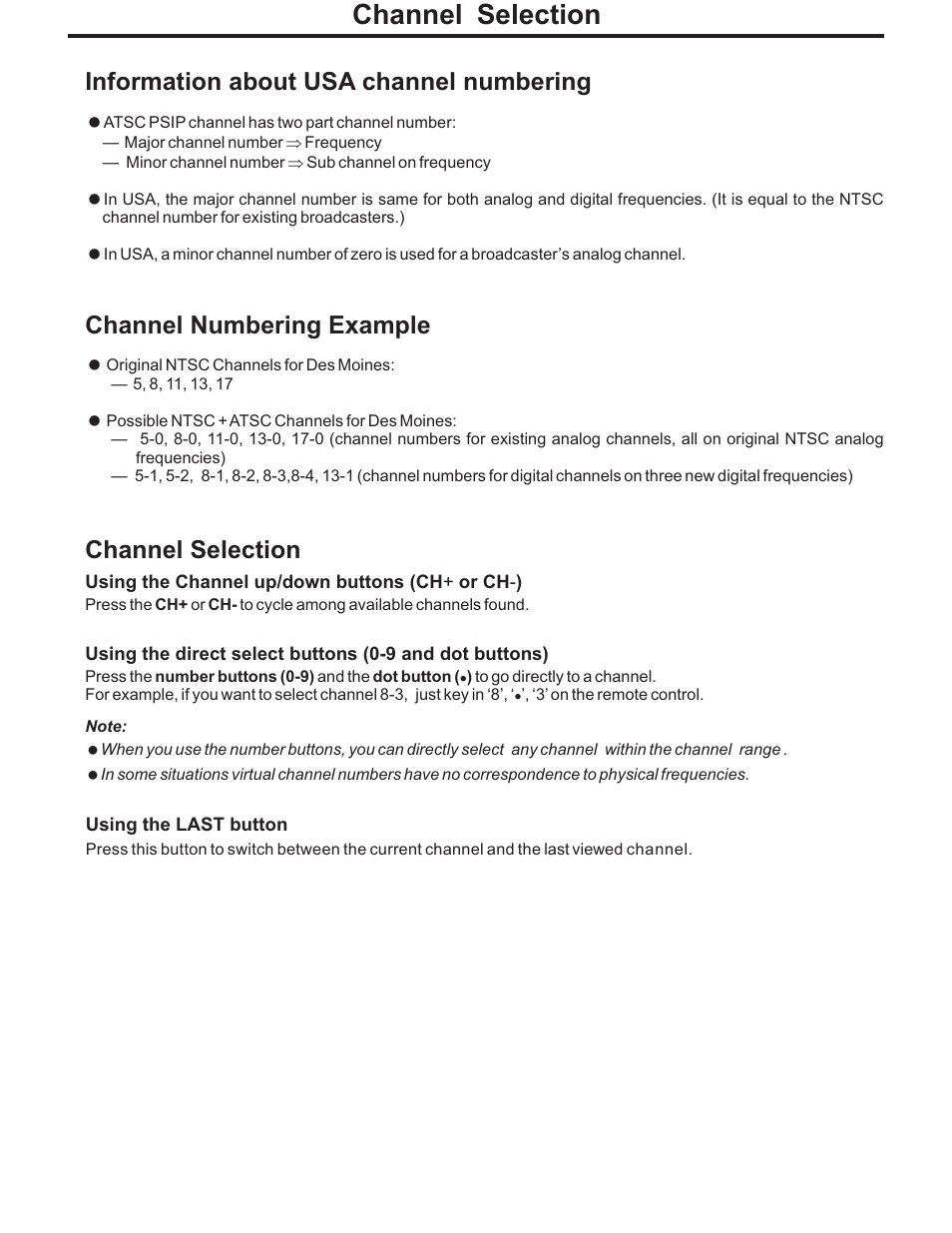 Channel selection, Information about usa channel numbering, Channel numbering example | Polaroid PLA-4248 User Manual | Page 22 / 48