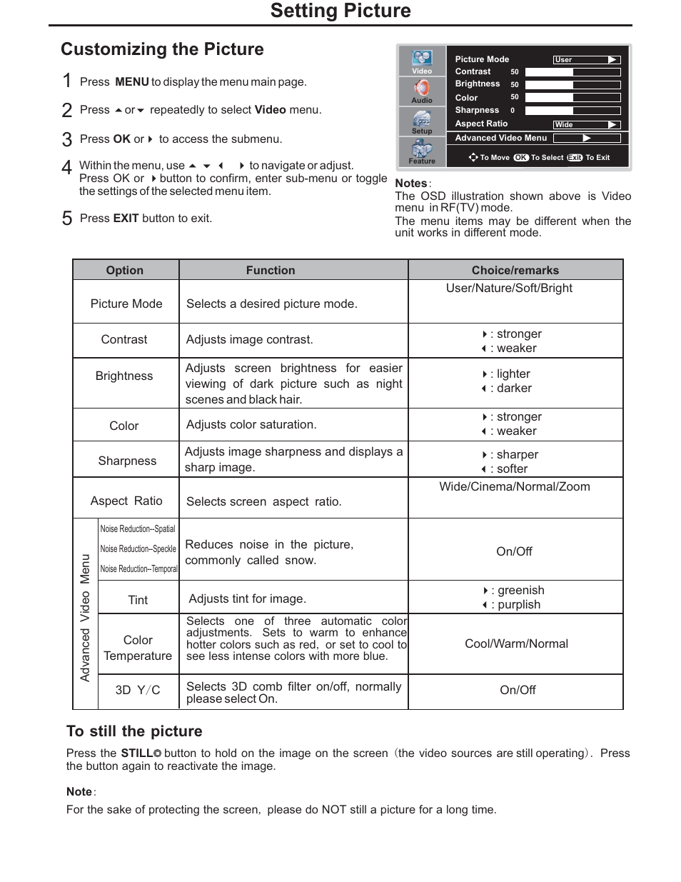 Setting picture, Customizing the picture | Polaroid PLA-4248 User Manual | Page 23 / 48