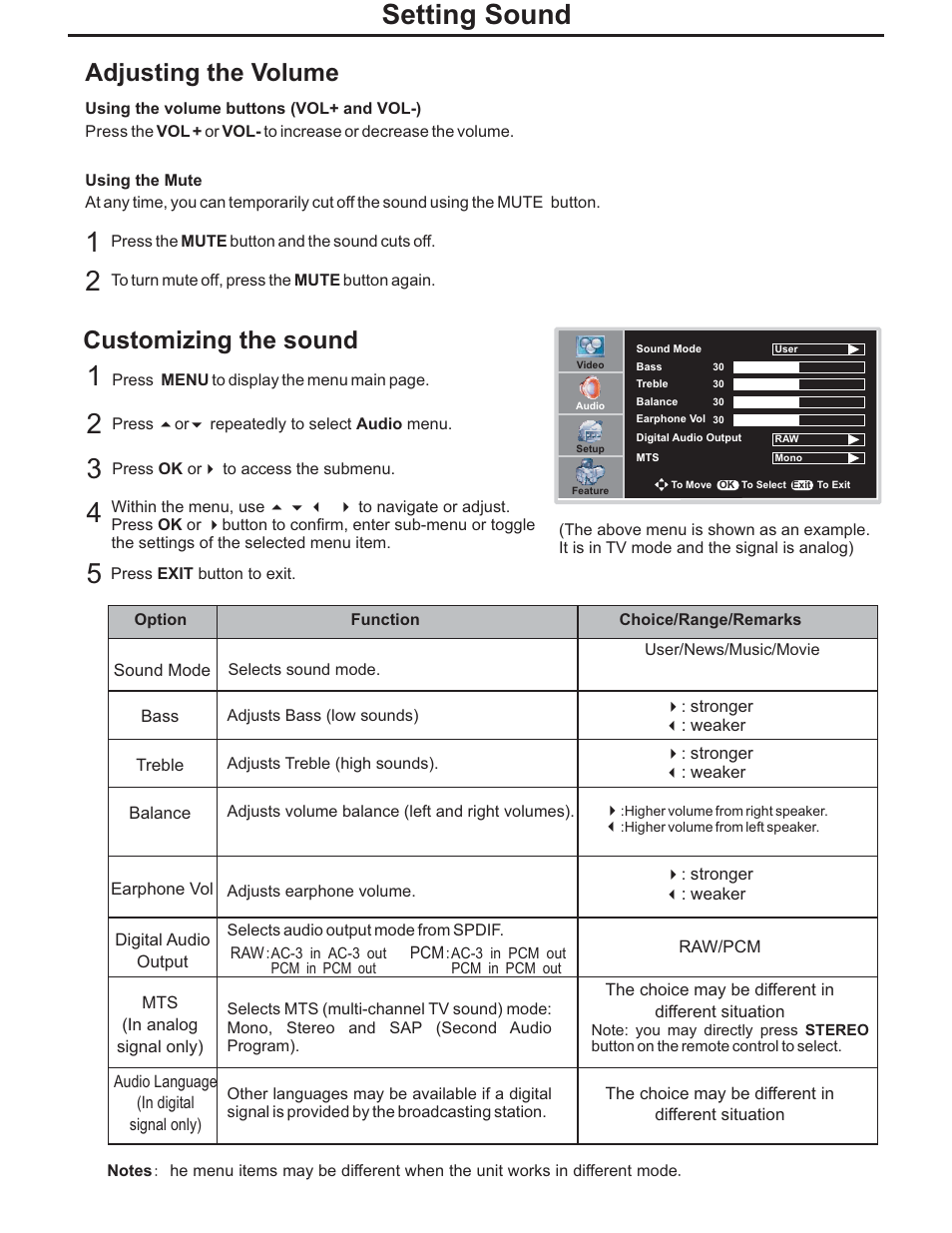 Setting sound, Adjusting the volume, Customizing the sound | Polaroid PLA-4248 User Manual | Page 24 / 48