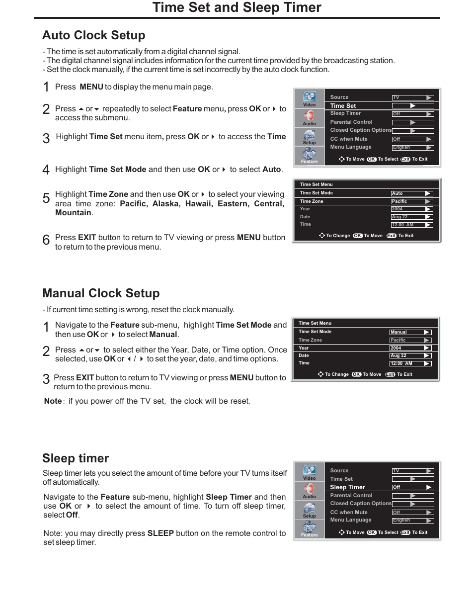 Time set and sleep timer, Auto clock setup, Manual clock setup | Sleep timer | Polaroid PLA-4248 User Manual | Page 25 / 48