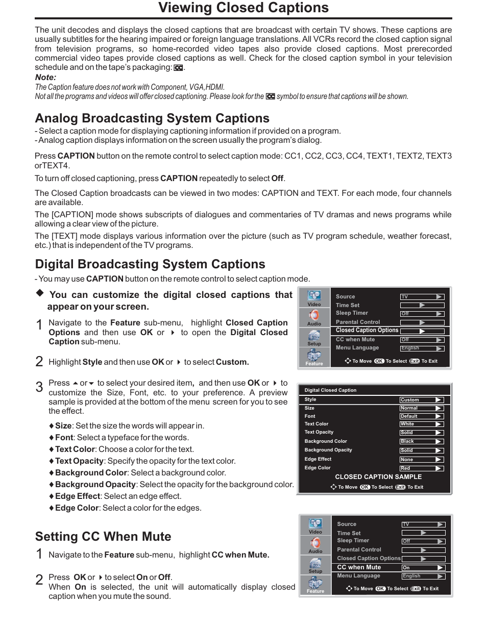 Viewing closed captions, Analog broadcasting system captions, Digital broadcasting system captions | Setting cc when mute | Polaroid PLA-4248 User Manual | Page 26 / 48