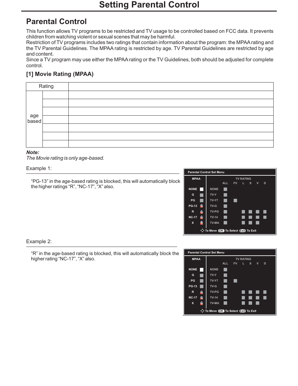 Setting parental control, Parental control, 1] movie rating (mpaa) | Rating age based g pg pg-13 r nc-17 x none, Example 1 | Polaroid PLA-4248 User Manual | Page 27 / 48