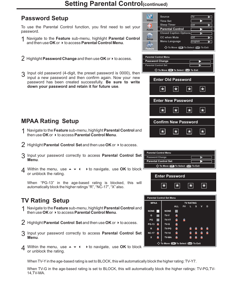 Setting parental control, Password setup, Mpaa rating setup | Tv rating setup | Polaroid PLA-4248 User Manual | Page 29 / 48