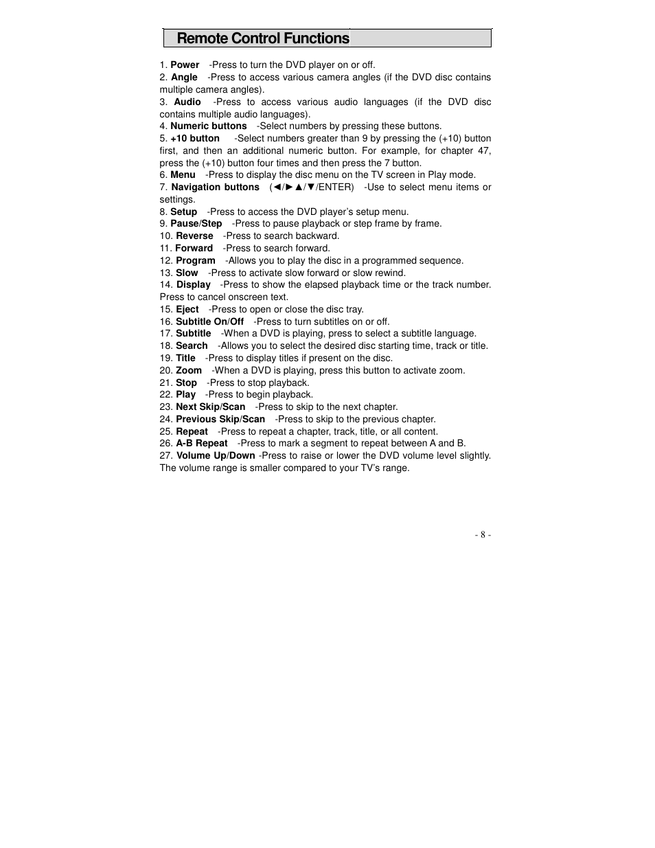 Remote control functions | Polaroid DVP 300 User Manual | Page 9 / 30