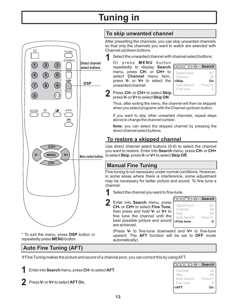 Tuning in, Auto fine tuning (aft) | Polaroid TTM-2401 User Manual | Page 14 / 28