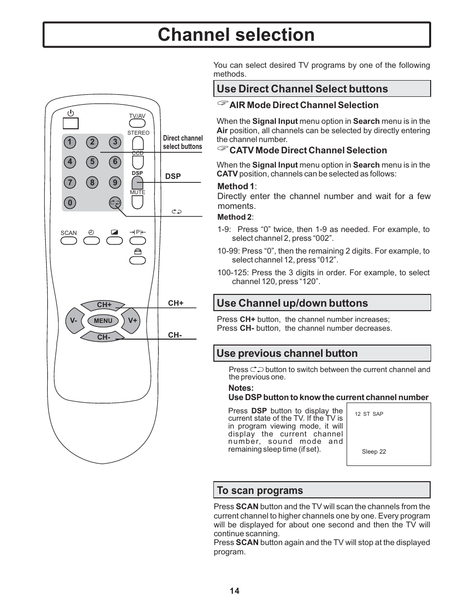 Channel selection, Use previous channel button | Polaroid TTM-2401 User Manual | Page 15 / 28