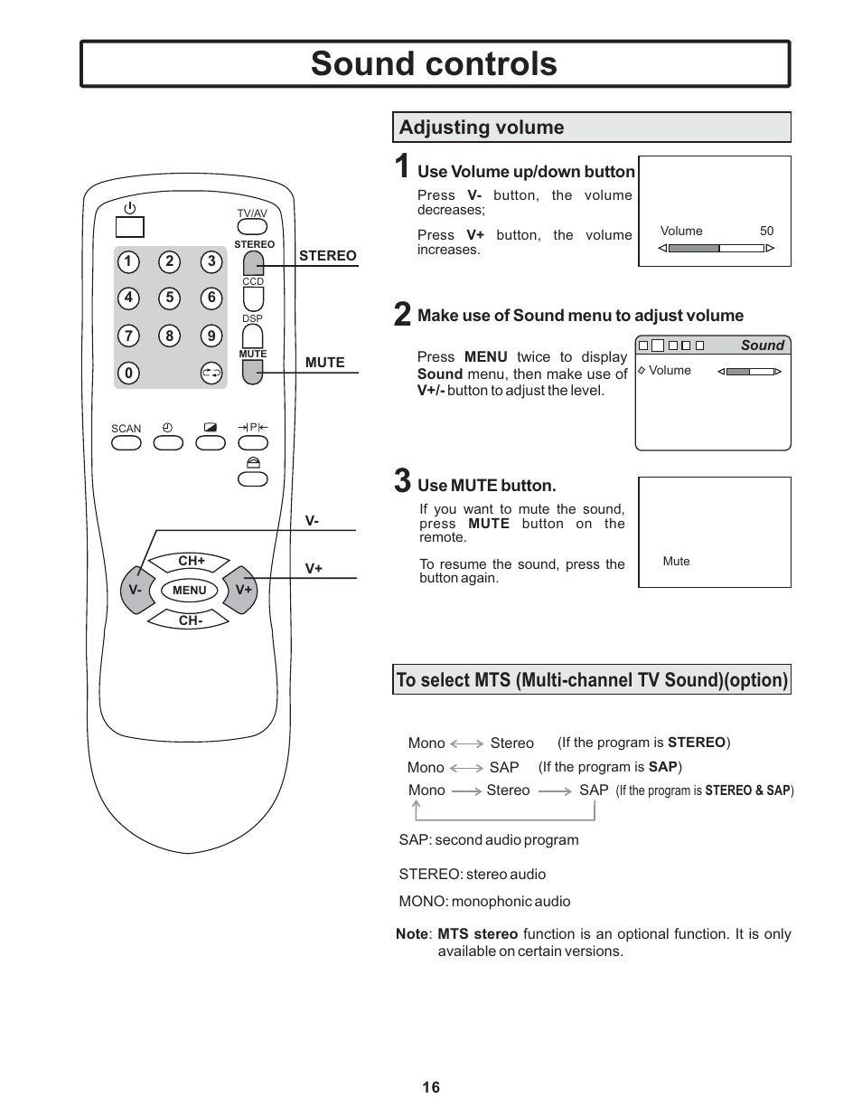 Sound controls, Adjusting volume | Polaroid TTM-2401 User Manual | Page 17 / 28