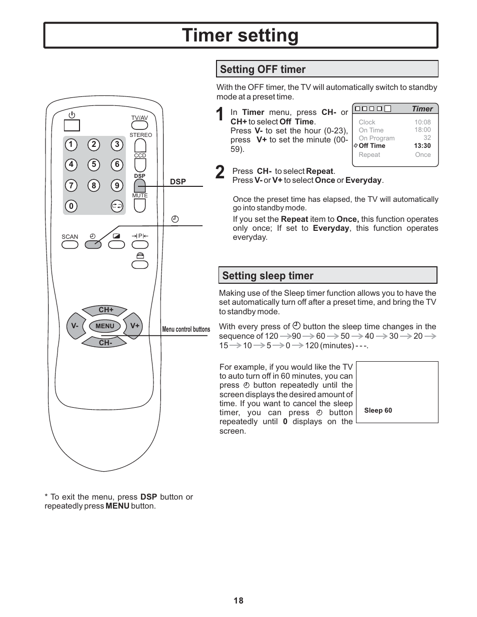 Timer setting, Setting off timer, Setting sleep timer | Polaroid TTM-2401 User Manual | Page 19 / 28