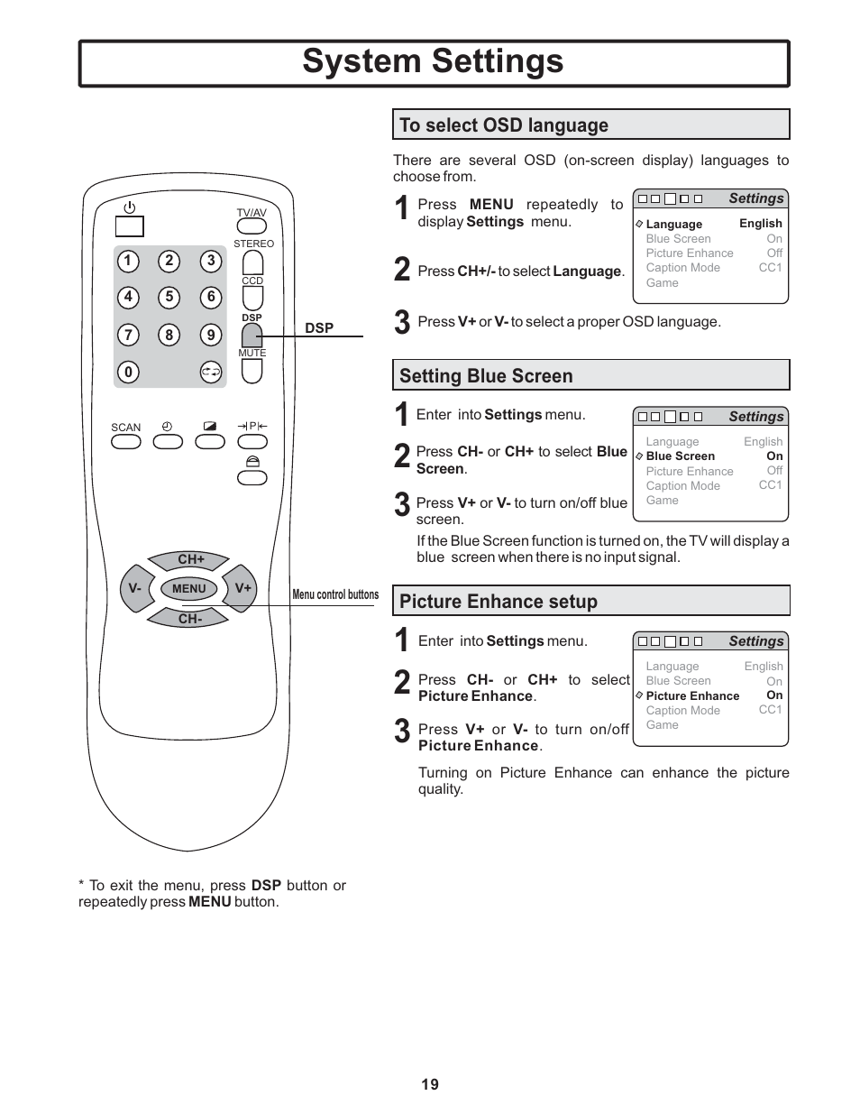 System settings, Picture enhance setup | Polaroid TTM-2401 User Manual | Page 20 / 28