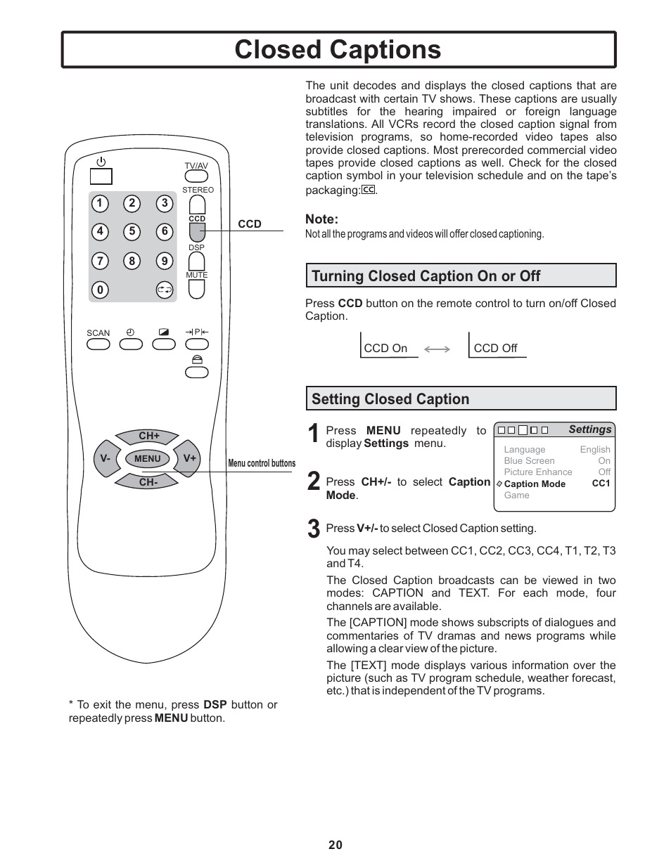 Closed captions, Turning closed caption on or off, Setting closed caption | Polaroid TTM-2401 User Manual | Page 21 / 28