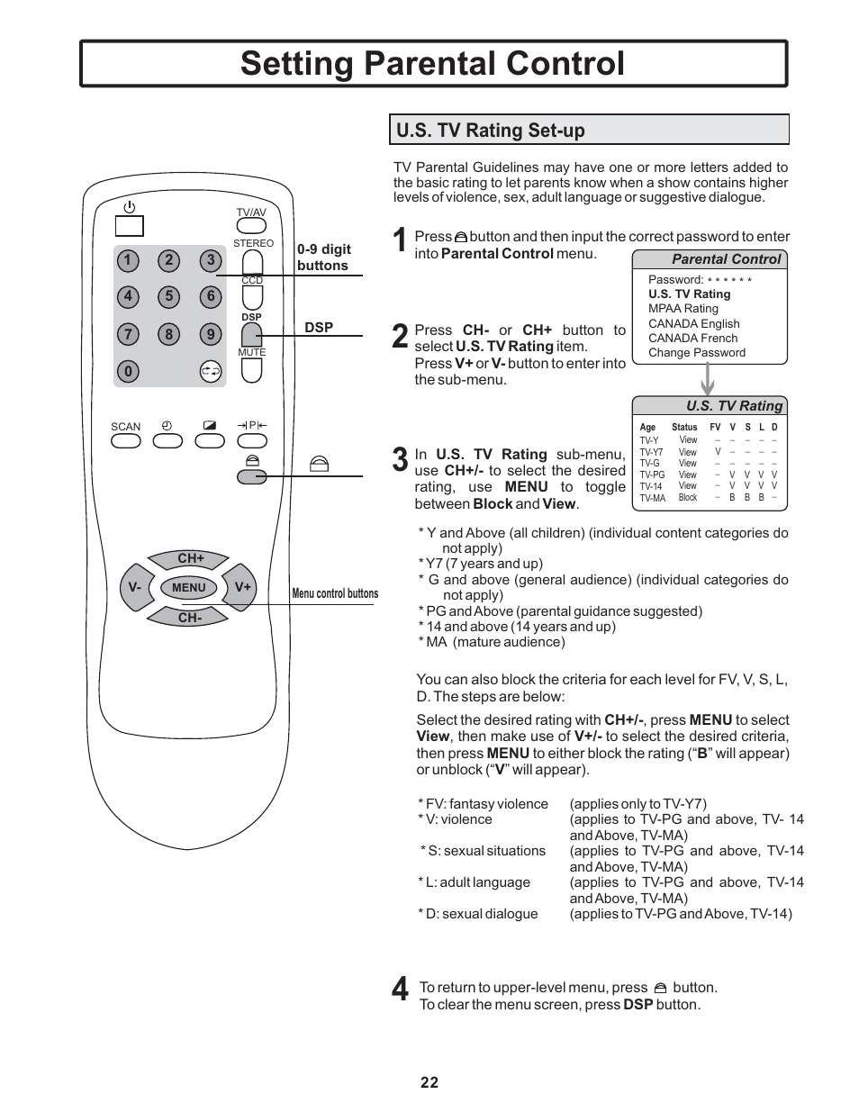Setting parental control, U.s. tv rating set-up | Polaroid TTM-2401 User Manual | Page 23 / 28