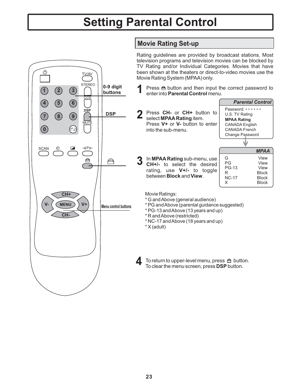 Setting parental control, Movie rating set-up | Polaroid TTM-2401 User Manual | Page 24 / 28