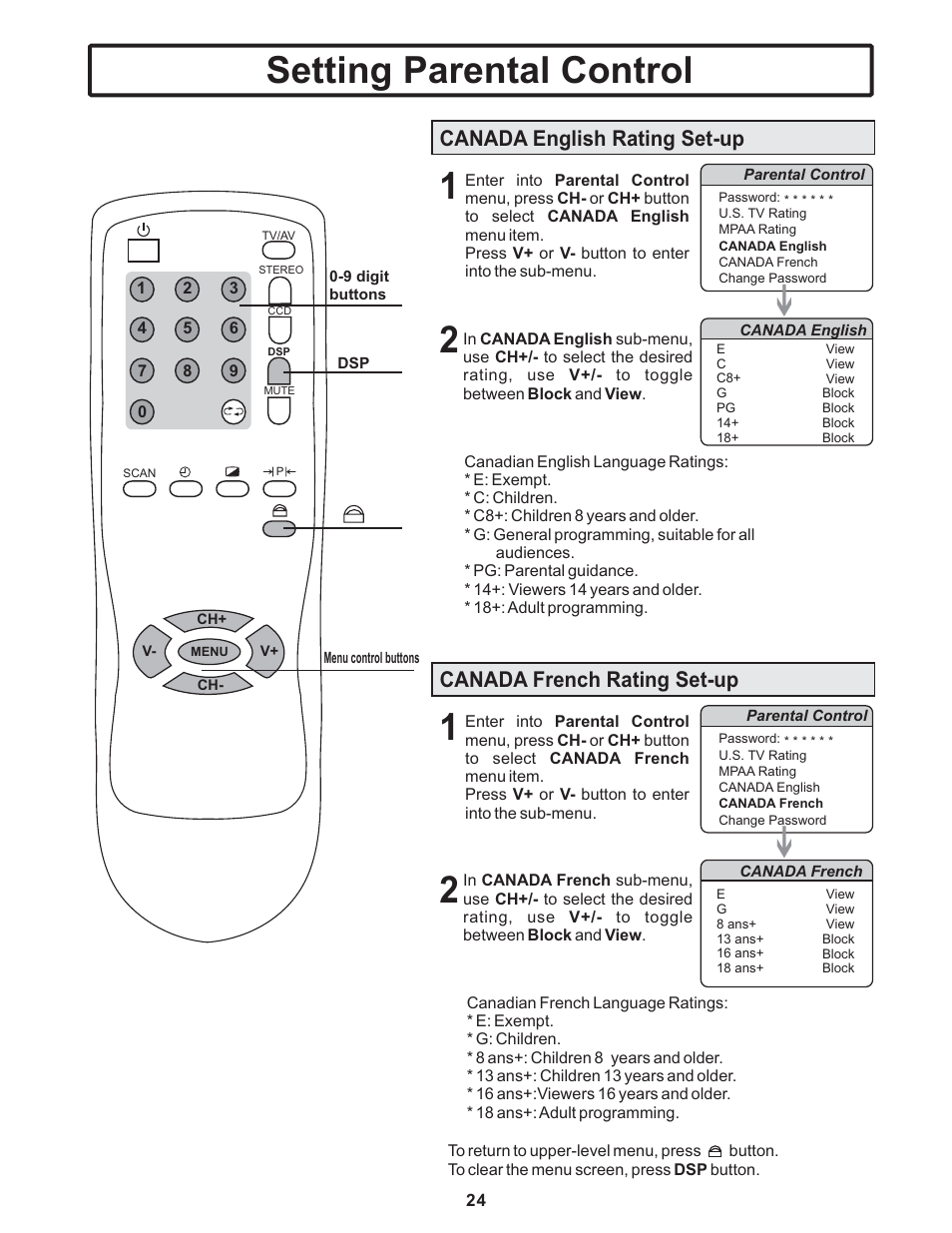 Setting parental control, Canada english rating set-up, Canada french rating set-up | Polaroid TTM-2401 User Manual | Page 25 / 28