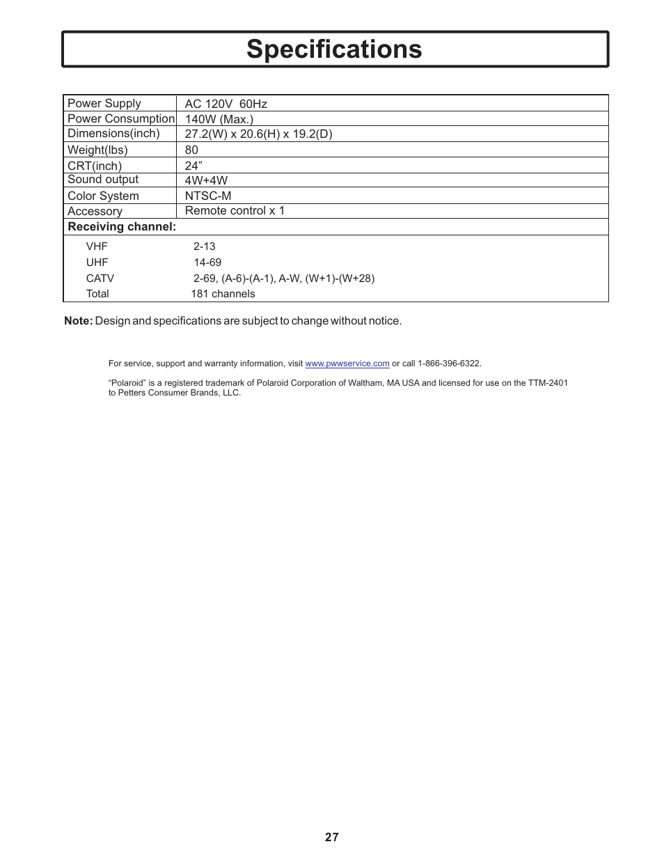 Specifications | Polaroid TTM-2401 User Manual | Page 28 / 28