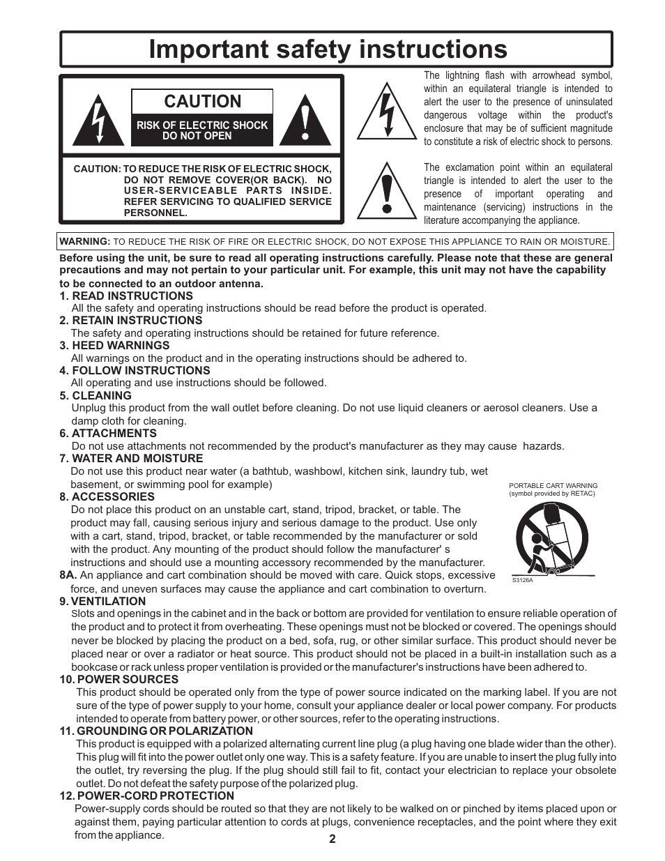 Important safety instructions, Caution | Polaroid TTM-2401 User Manual | Page 3 / 28