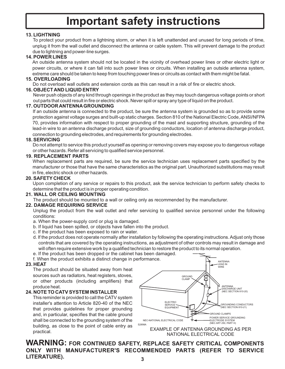 Important safety instructions, Warning | Polaroid TTM-2401 User Manual | Page 4 / 28