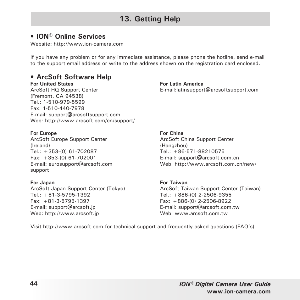 Getting help, Ion® online services, Arcsoft software help | Polaroid ION User Manual | Page 44 / 51