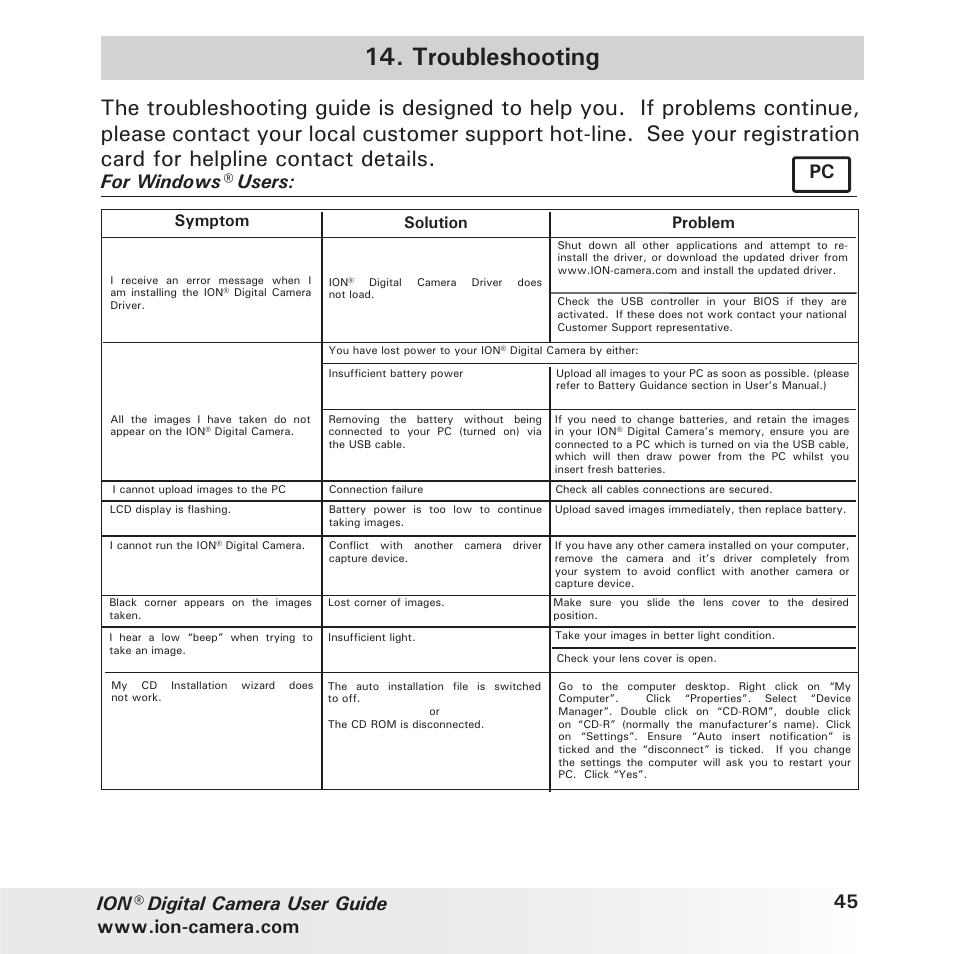 Troubleshooting, For windows® users: pc | Polaroid ION User Manual | Page 45 / 51