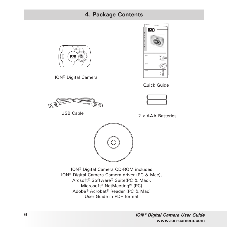 Package contents, Ion® digital camera | Polaroid ION User Manual | Page 6 / 51