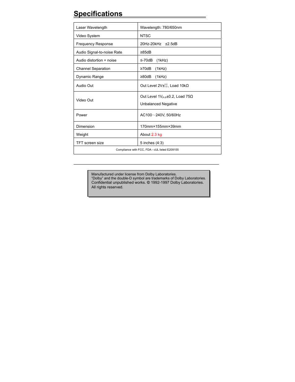 Specifications | Polaroid PDV-523M2 User Manual | Page 40 / 41