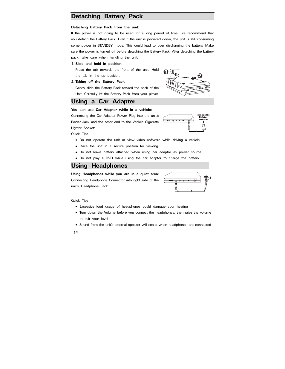 Detaching battery pack, Using a car adapter, Using headphones | Polaroid PDV-0700 User Manual | Page 14 / 27
