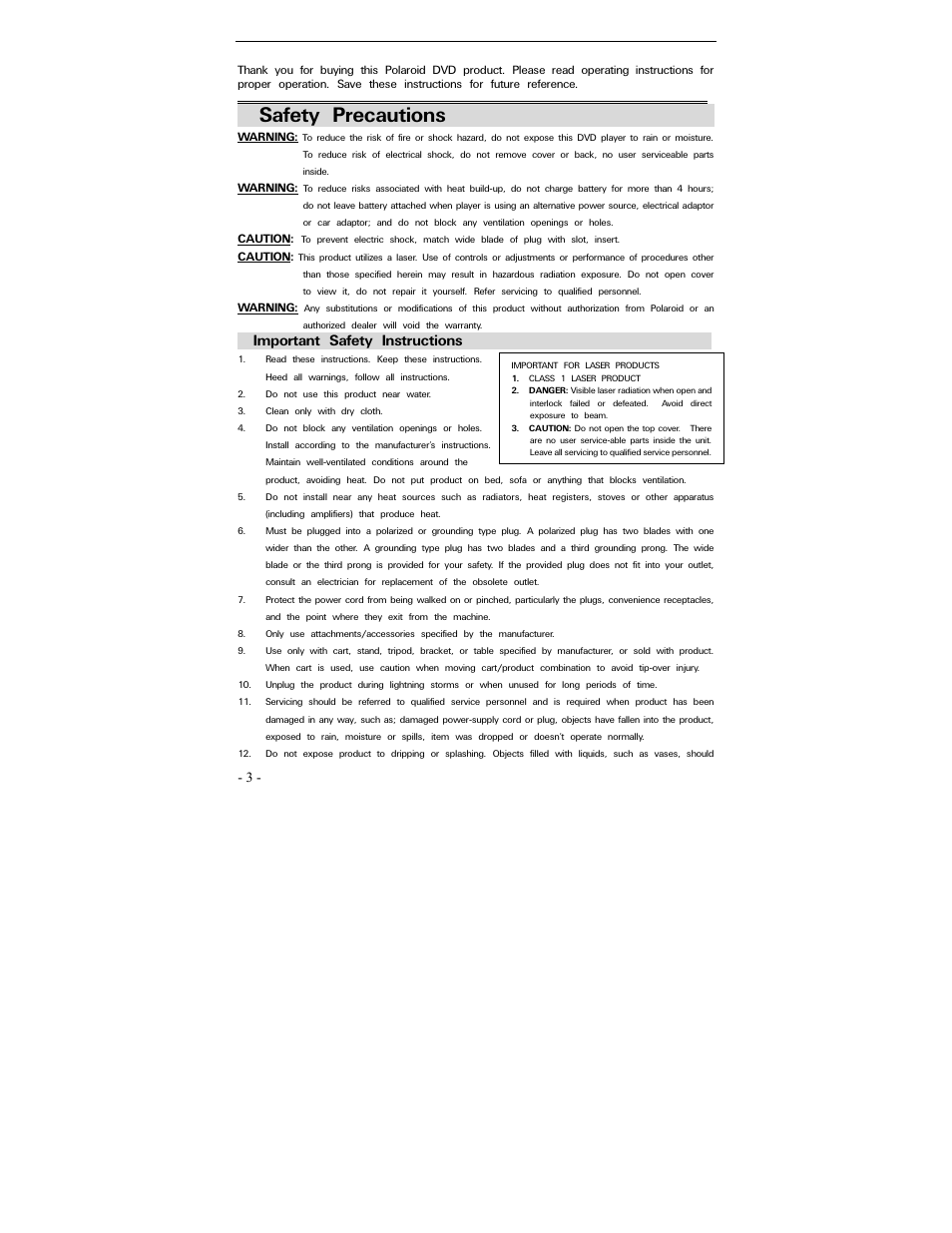 Safety precautions, Important safety instructions | Polaroid PDV-0700 User Manual | Page 3 / 27