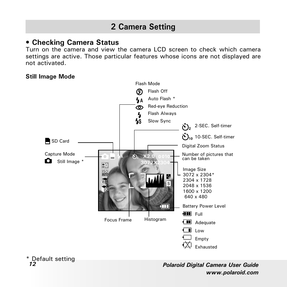 2 camera setting, Checking camera status, Default setting | Polaroid a700 User Manual | Page 12 / 84