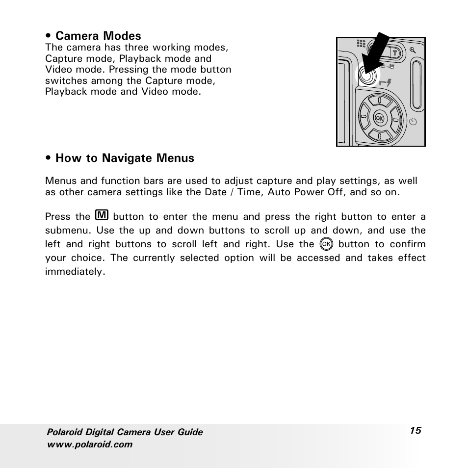 Camera modes, How to navigate menus | Polaroid a700 User Manual | Page 15 / 84