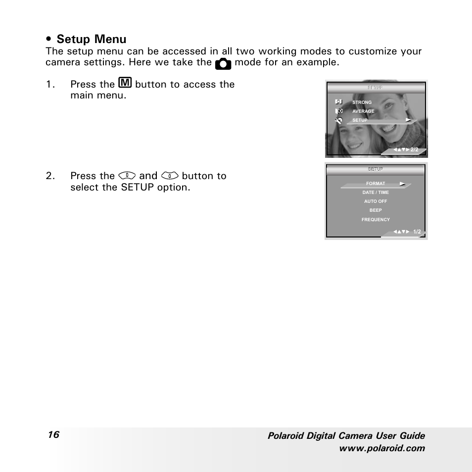 Setup menu, Press the, Button to select the setup option | Polaroid a700 User Manual | Page 16 / 84