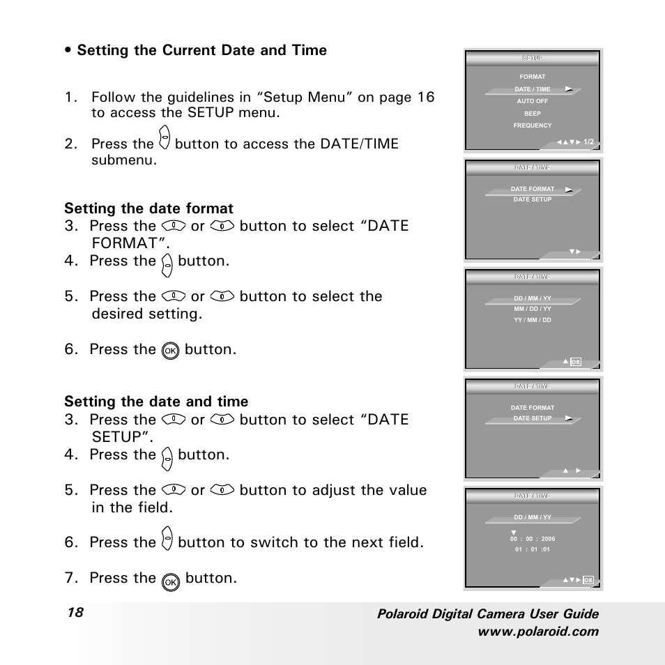 Setting the current date and time | Polaroid a700 User Manual | Page 18 / 84