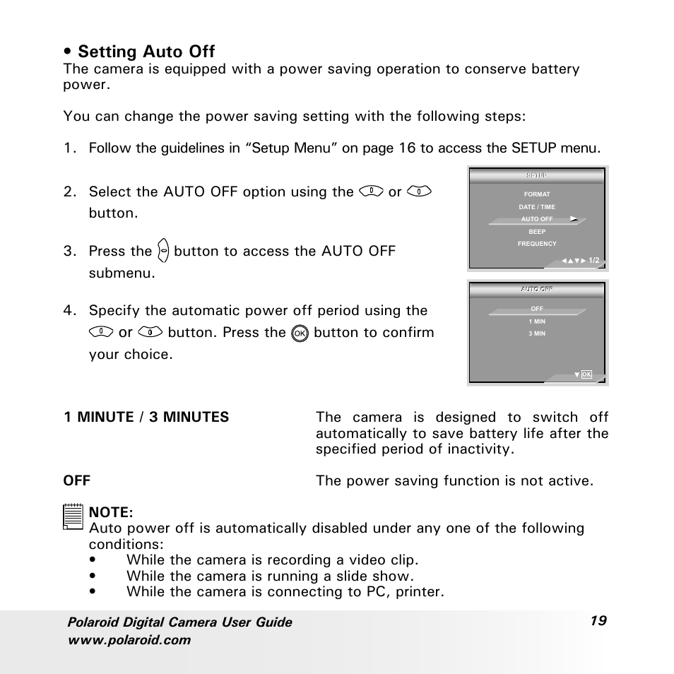 Setting auto off | Polaroid a700 User Manual | Page 19 / 84