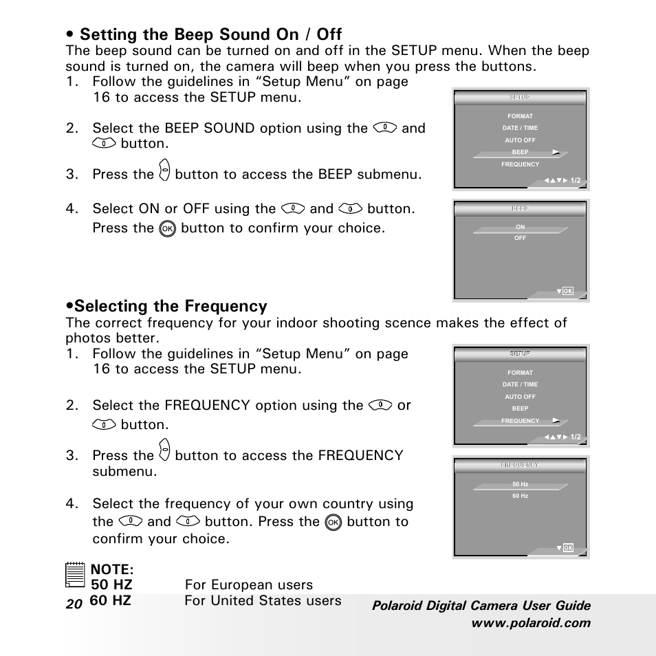 Setting the beep sound on / off, Selecting the frequency, Button | Polaroid a700 User Manual | Page 20 / 84