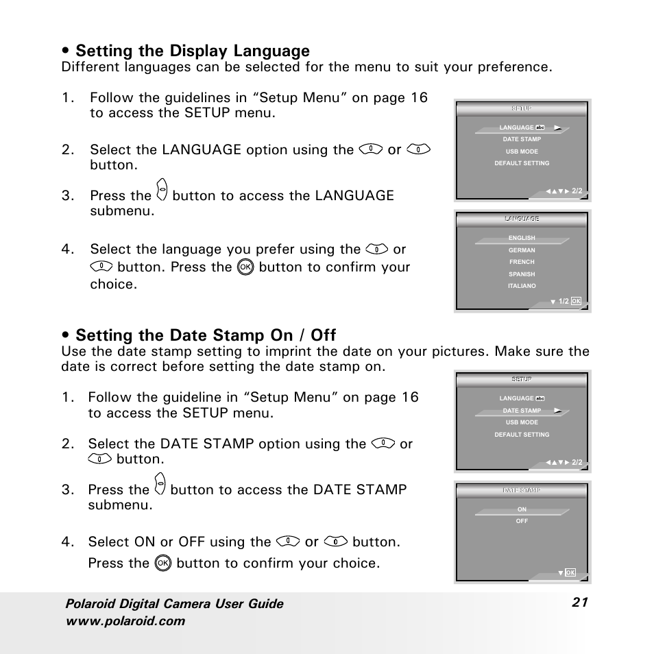 Setting the display language, Setting the date stamp on / off, Button | Button. press the button to confirm your choice | Polaroid a700 User Manual | Page 21 / 84
