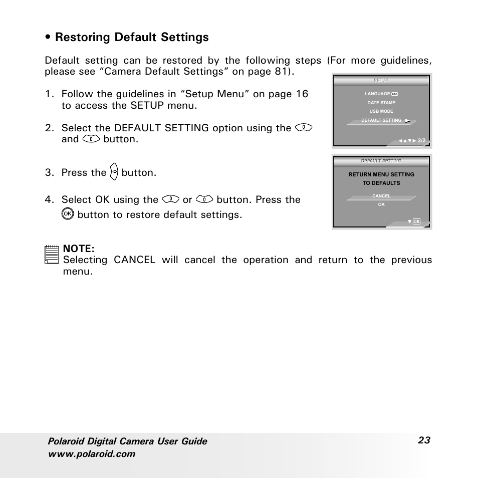 Restoring default settings | Polaroid a700 User Manual | Page 23 / 84