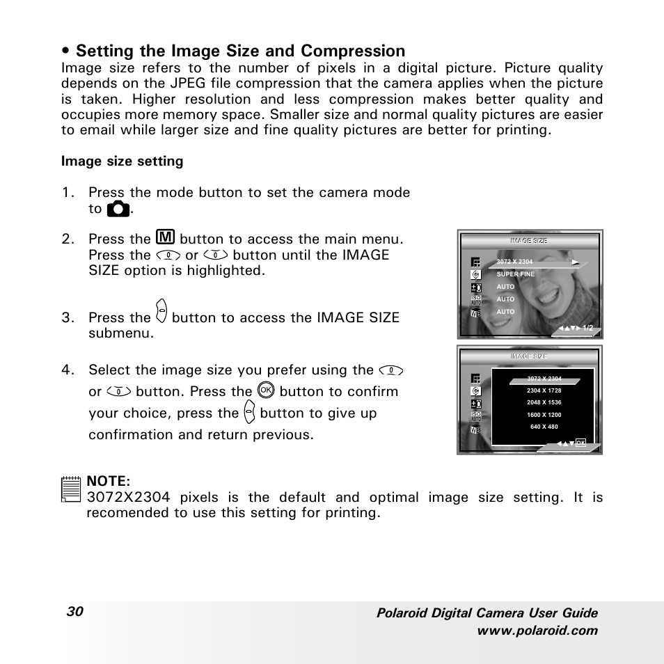 Setting the image size and compression | Polaroid a700 User Manual | Page 30 / 84