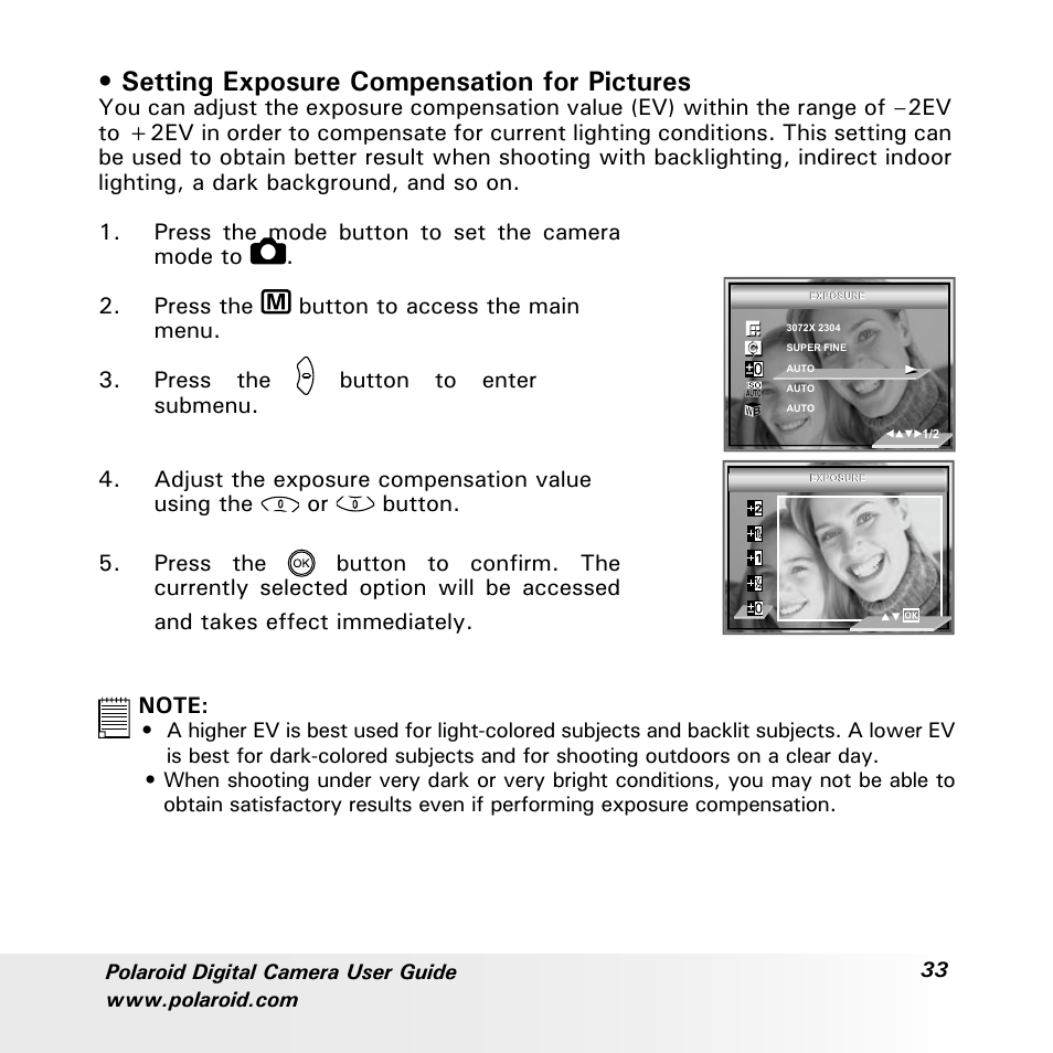 Setting exposure compensation for pictures | Polaroid a700 User Manual | Page 33 / 84
