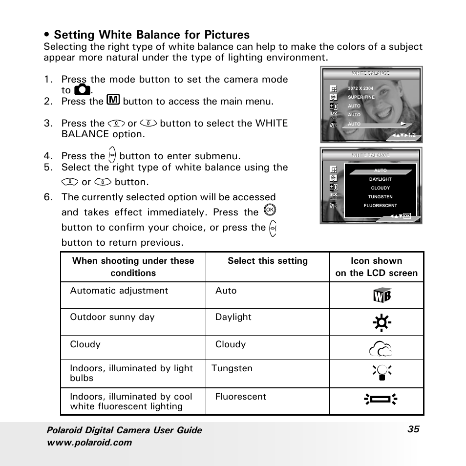 Setting white balance for pictures | Polaroid a700 User Manual | Page 35 / 84