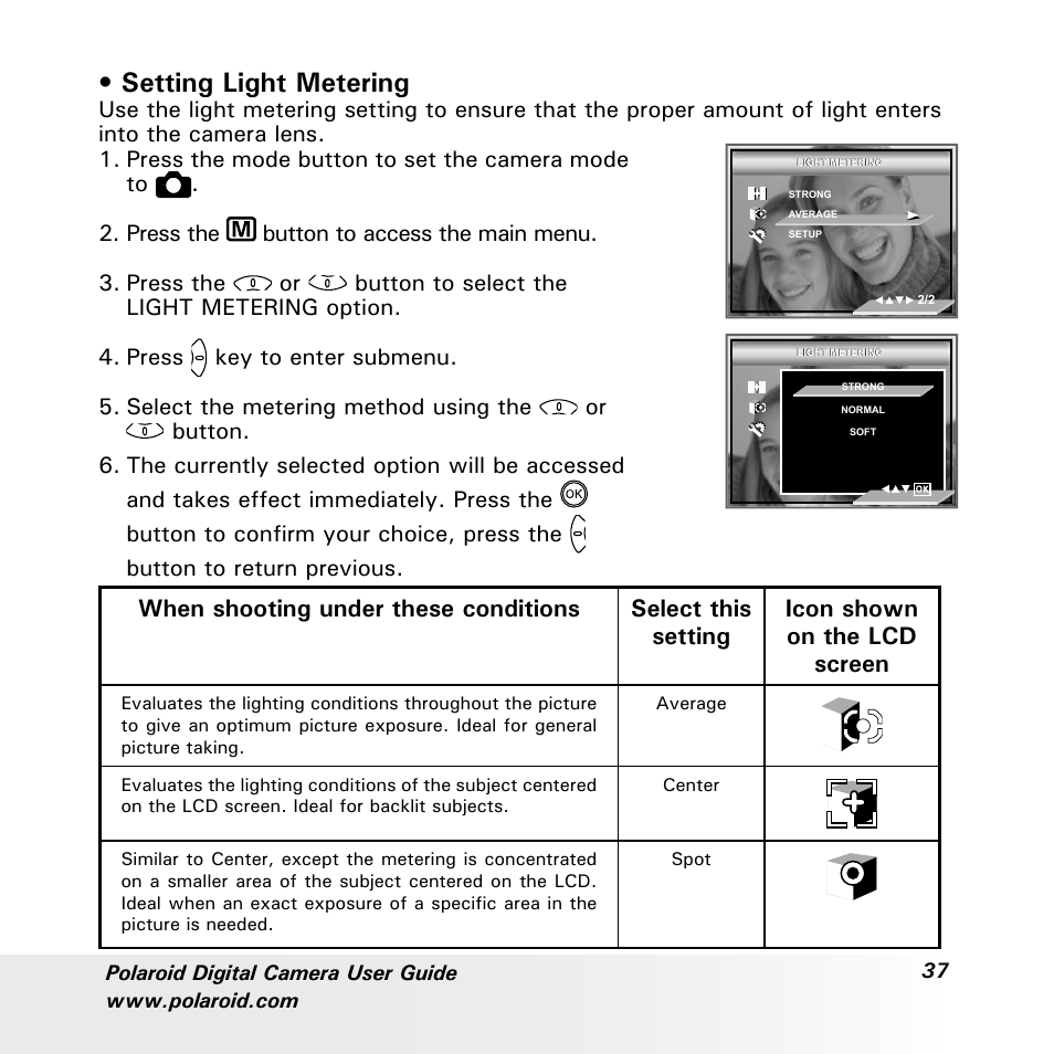 Setting light metering | Polaroid a700 User Manual | Page 37 / 84