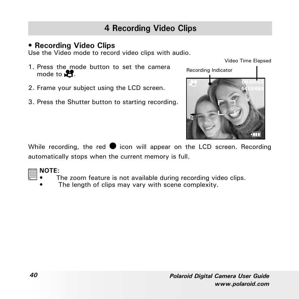 4 recording video clips, Recording video clips | Polaroid a700 User Manual | Page 40 / 84