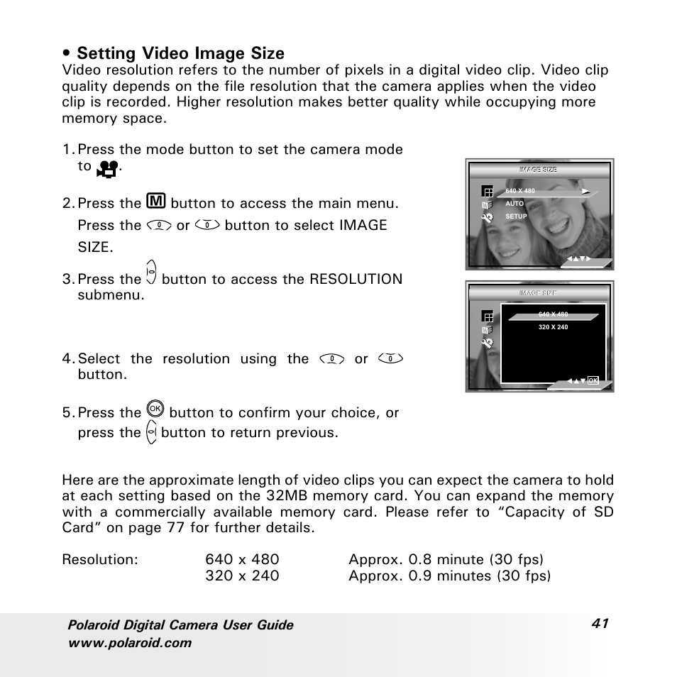 Setting video image size | Polaroid a700 User Manual | Page 41 / 84