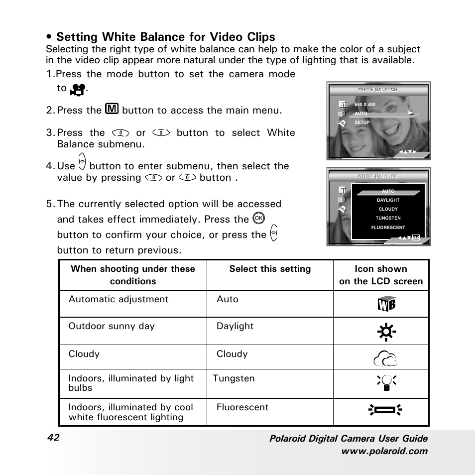 Setting white balance for video clips | Polaroid a700 User Manual | Page 42 / 84