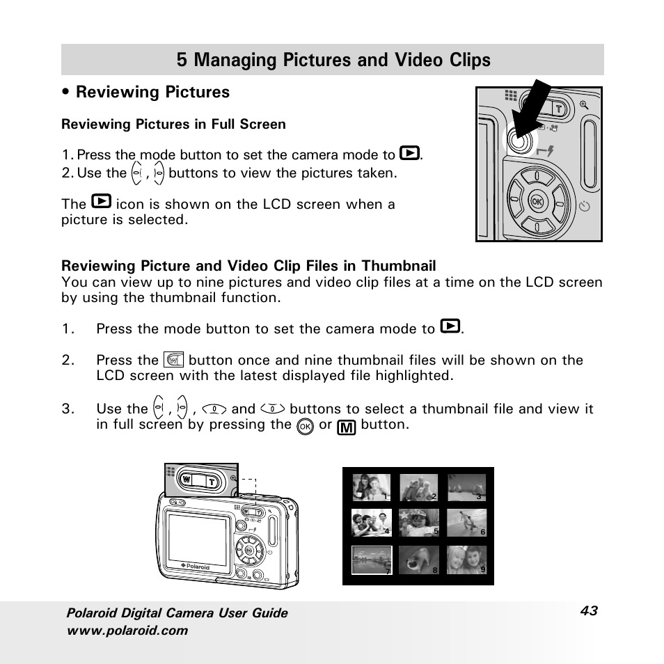 5 managing pictures and video clips, Reviewing pictures | Polaroid a700 User Manual | Page 43 / 84