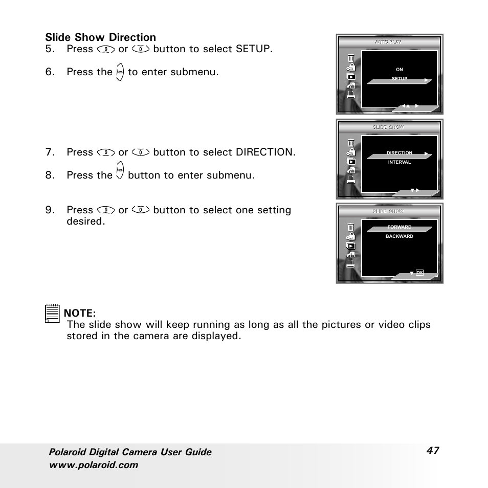 Slide show direction | Polaroid a700 User Manual | Page 47 / 84