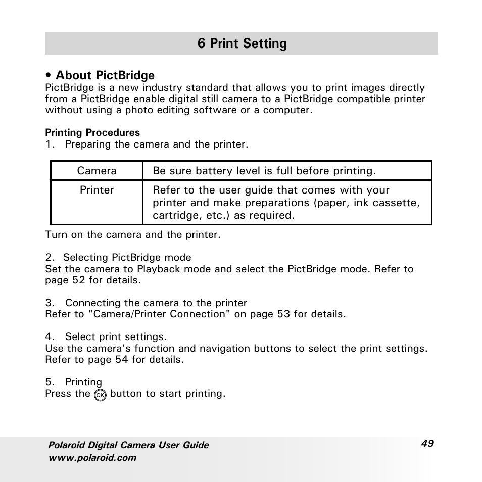 6 print setting, About pictbridge | Polaroid a700 User Manual | Page 49 / 84