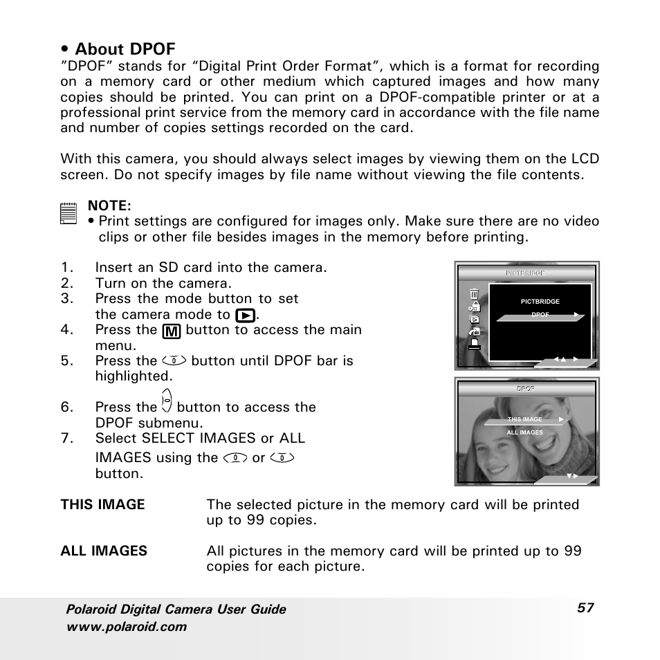 About dpof | Polaroid a700 User Manual | Page 57 / 84