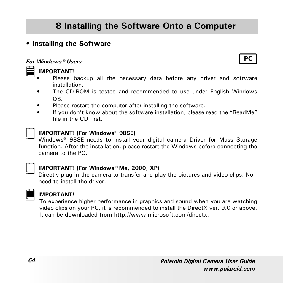 8 installing the software onto a computer, Installing the software | Polaroid a700 User Manual | Page 64 / 84